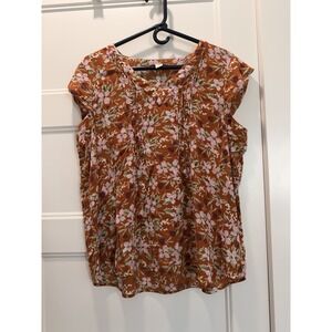Coldwater Creek Floral Blouse Top Womens L Orange Pink Cap Sleeve